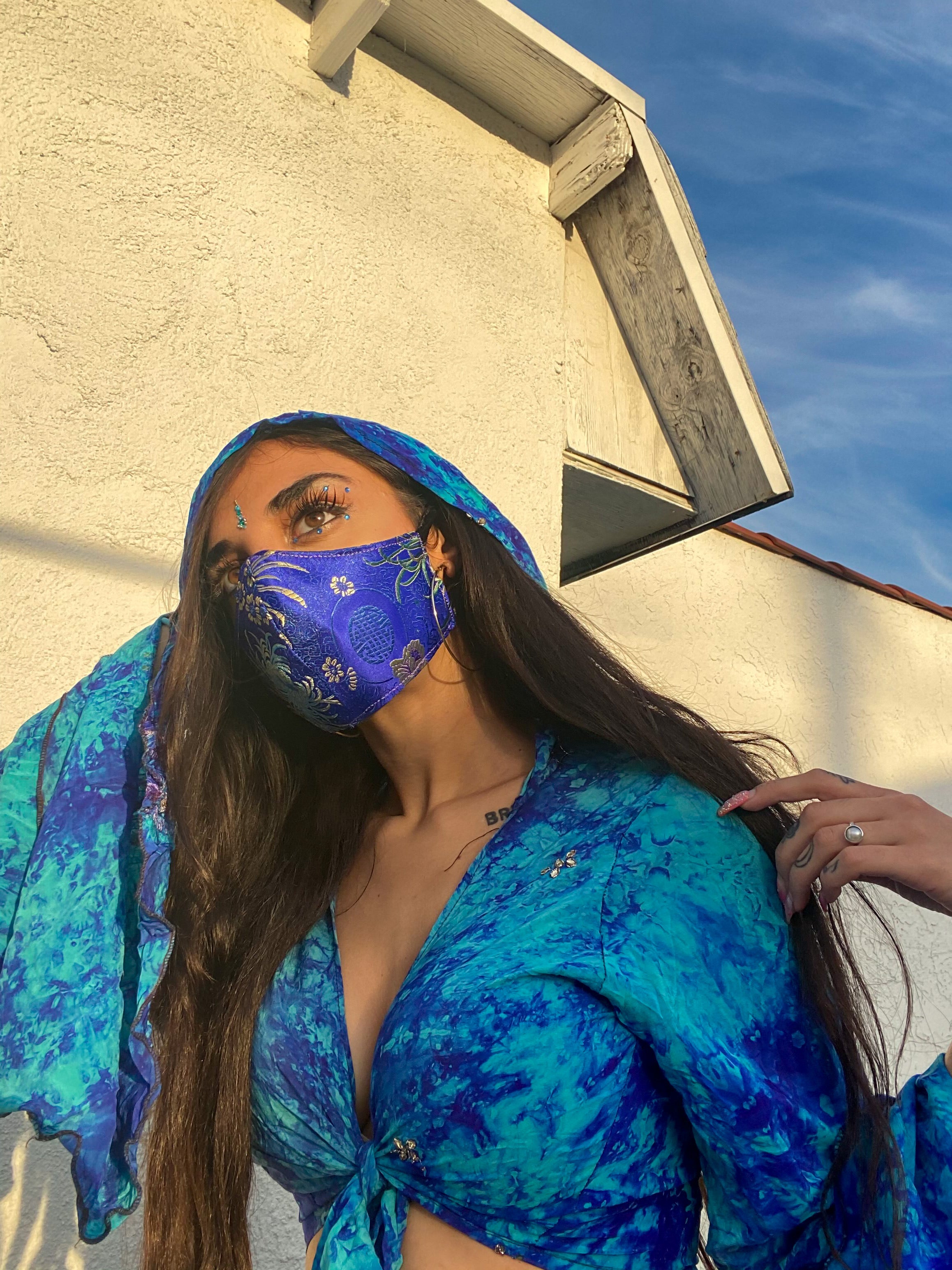 Blue Satin Brocade ninja Mask